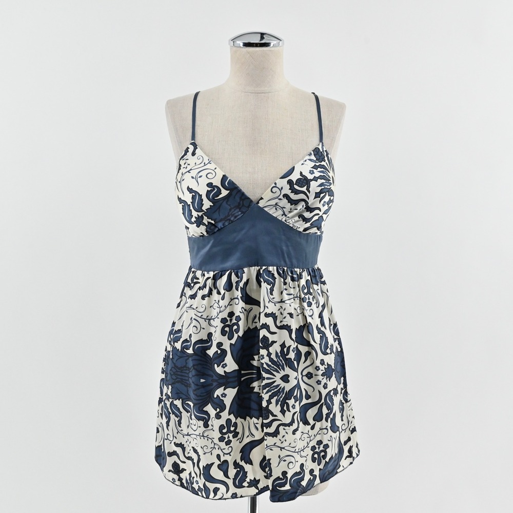 Vtg Y2k Silk Micro Mini Dress Size S Babydoll Blue White Floral Smocked Sundress